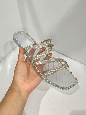 Crystal-Strap Clear Slide Sandal - Silver